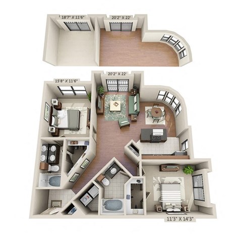 A floor plan of a two-story apartment with a living room, kitchen, and bedrooms.